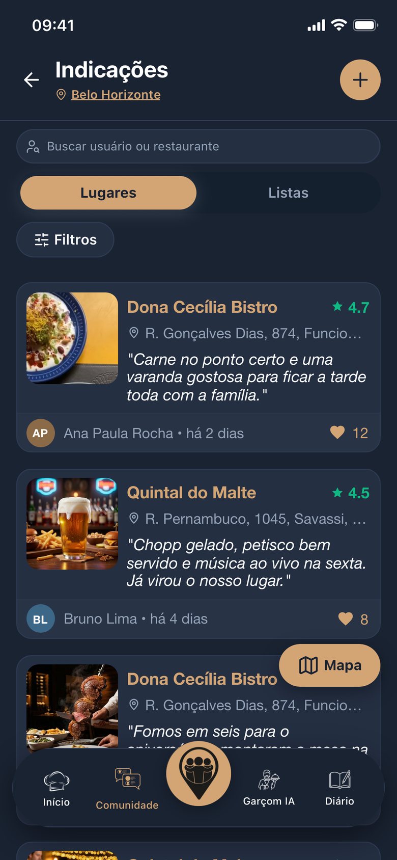 Aba Comunidade do app Platoo com indicações de lugares, com dados de demonstração