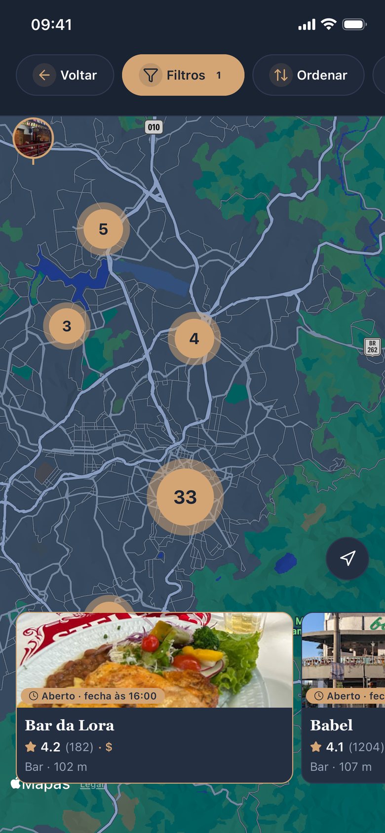 Mapa do app Platoo com restaurantes e bares marcados perto do usuário